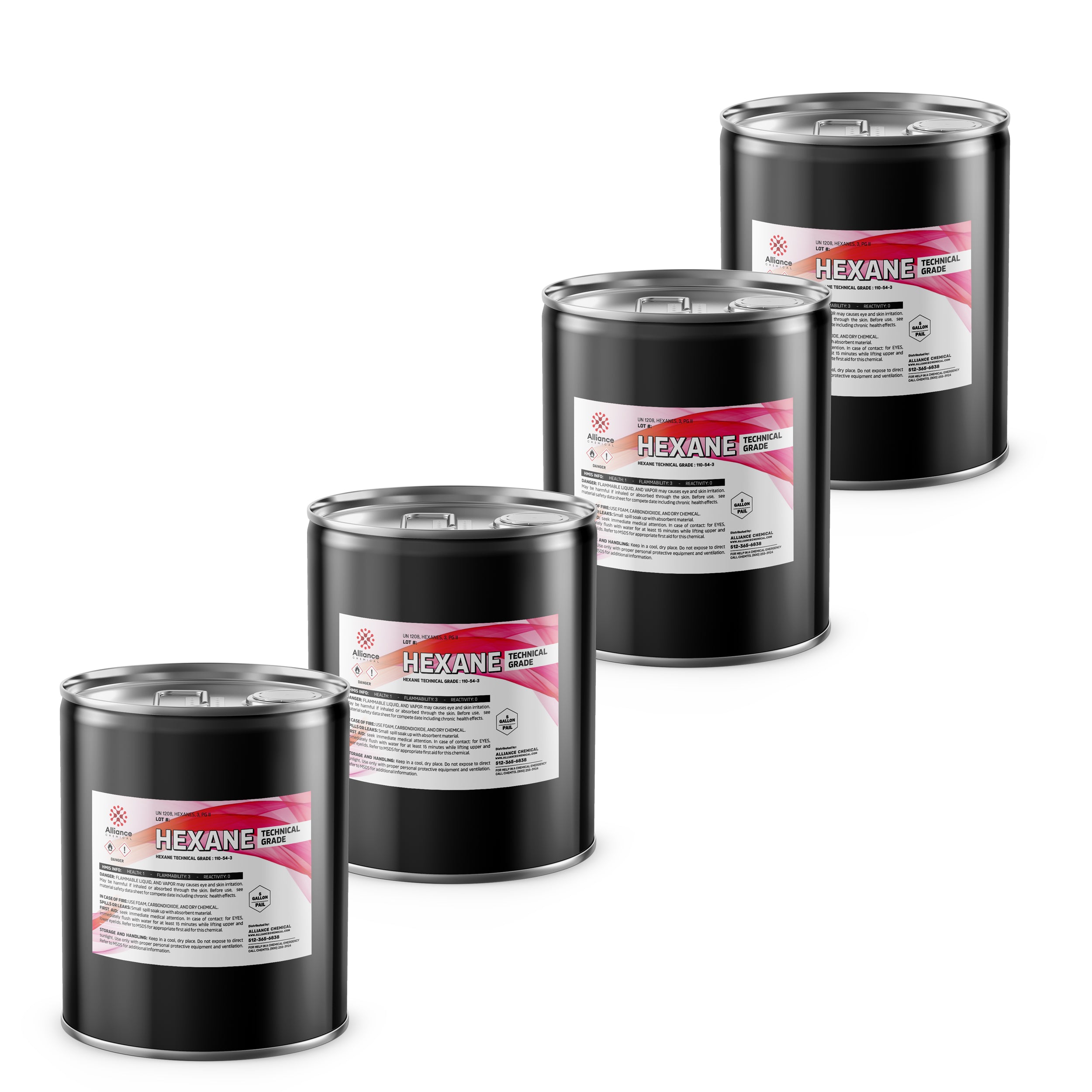 20-gallon Hexane Technical Grade in four 5-gallon black steel drums, featuring hazard class 3 flammable labels and Alliance Chemical branded packaging.
